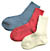 Røde, jeans-blå og naturhvite sokker